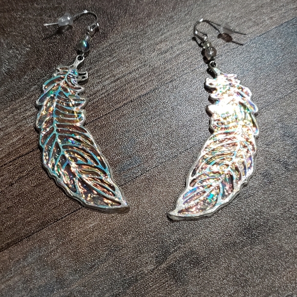 Handmade Iridescent Cellophane Wrap Feather Earrings - Picture 5 of 5